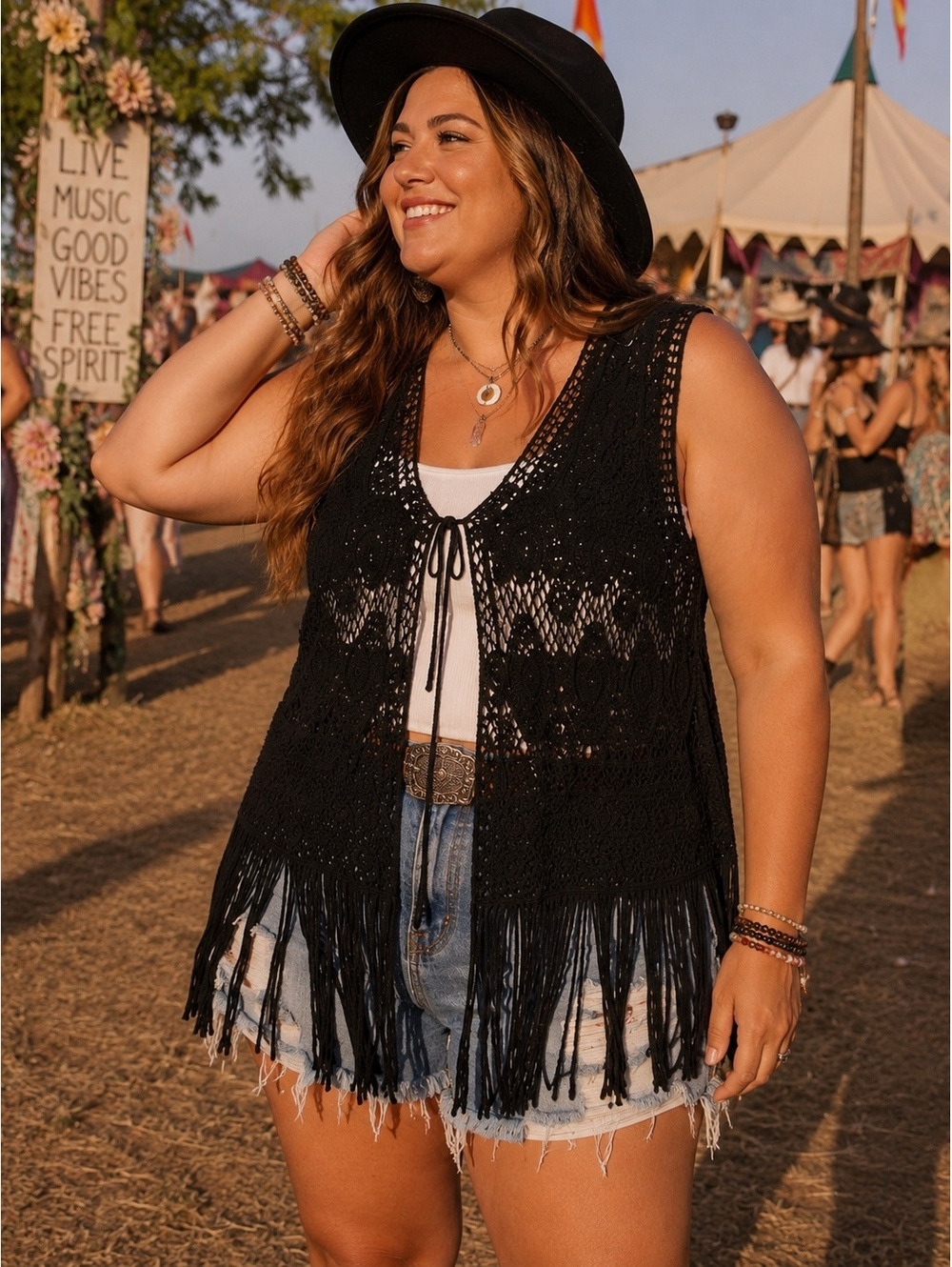 RoomMates Black Crochet Fringe Boho Festival Vest XL Open Front